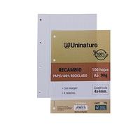 Unipapel | Recambio de Papel Reciclado A5 | 100 Hojas Cuadriculadas 4x4 | Con Margen | Papel Súper Resistente | PaperClass90g