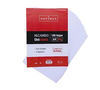 Unipapel Recambio Hojas Cuadrículadas 4x4 mm, con Margen, 90 g, Paper, Blanco, A4, 100