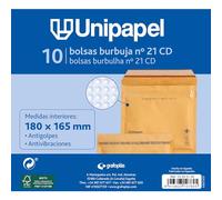 Unipapel | Sobres Acolchados Kraft para CDs con Papel de Burbujas Interior | Nº 21 180x165mm | Cierre Autoadhesivo | Pack 10 Unidades | Perfecto Para Envios Seguros y Protegidos | Certificado FSC