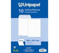 Unipapel - Sobres Papel Blancos 100g | 184x261mm | 10 Unidades | Tipo Bolsa | Tira Autoadhesiva Silicona Autodesk | Apertura Superior | FSC Documentos A4 Plegados en 2 o a5 sin Plegar