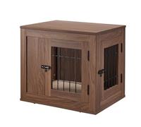 unipaws Mesa auxiliar de cajón para perros estilo muebles con cojín, perreras de alambre de madera para mascotas con puertas dobles, tamaño mediano y grande para uso en interiores (pequeño, nogal)