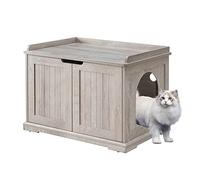 unipaws Muebles de caja de arena para gatos, cubierta de bandeja de arena de madera, banco de almacenamiento resistente para baño, casa para gatos interior, gris desgastado