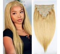 Unipearl Extensiones de cabello humano liso, 40 cm, 8 unidades, 100 g, #27, rubio miel, para mujeres, extensiones de pelo Remy recto con clip