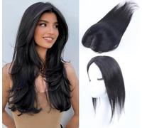 Unipearl Toppers de pelo para mujer, pelo humano, color negro natural, con clip en postizos de pelo real, para cabello fino, parte superior de la cabeza, mullida, sin flequillo