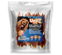 UniQ Pets Golosinas para perros con forma de pato en varilla, 500 g, aperitivos suaves y bajos en grasa para perros grandes, sin gluten, tiras de pechuga de pato, carne seca para perros