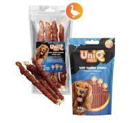 UNIQ PETS snacks para perros 320g Palito largo de piel de ternera con pato 28cm & UNIQ PETS premios para perros tiras de conejo de 80 g