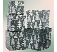 UNIQOOO Juego de 5 cajas de regalo de Navidad verdes con tapa, varios tamaños, cajas de recuerdo cuadradas plateadas de papel anidadas, caja de tarjetas, decoración organizadora de torre, vacaciones,