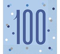 Unique 100th Birthday Luncheon Napkins | Blue | Disposable Pcs. Dots-Servilletas de almuerzo cumpleaños | Azul | Desechables | 16 piezas, color, age 100 (83564)
