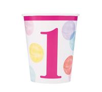 Unique 73286EU - Vasos de papel - 266 ml - Pink Dots 1er Birthday Party - 8 unidades (paquete de 1)