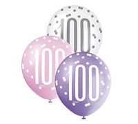Unique-Assorted Birthday Balloons-12 | 6 Pcs fiesta Surtido de globos de látex de cumpleaños 254.0 cm-30.5 cm | 6 unidades, color rosa, age 100 (83418)