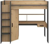 Unique Cama mezanina con escritorio y almacenajes - acabado roble y negro