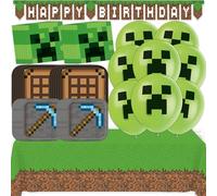 Unique Decoraciones de cumpleaños de Minecraft, decoraciones de fiesta de Minecraft, platos y servilletas, mantel, pancarta, globos, lista de verificación, fiesta de Minecraft para 16 personas