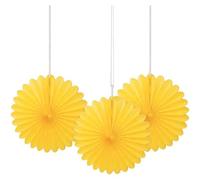 Unique- Girasol Paquete de 3 decoraciones abanicos pequeños de papel de seda, Color amarillo, 15 cm (63259)