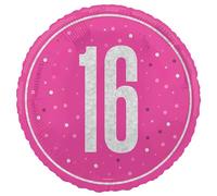 Unique- Globo de Cumpleaños 16-45 cm-Tema Glitz Rosa-1 Unidad (Paquete de 1), Multicolor (82288)