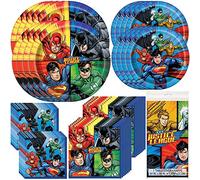 Unique Liga de la Justicia Party Bundle | Servilletas para almuerzo y bebidas, platos de cena y postre, cubierta de mesa | ideal para acción/superhéroe/fiestas temáticas de cumpleaños de cómics