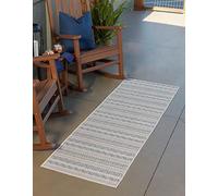 Unique Loom Outdoor Striped Collection - Alfombra geométrica de transición para Interiores y Exteriores (2 pies x 6 pies, Color Verde Azulado/Marfil)