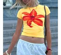Unique Mujer Slim Fit Crop T Shirt con Dopamine Floral Diseño Casual Wear (L Amarillo)