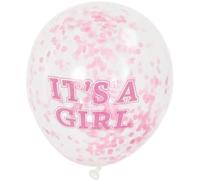 Unique Party 58110 - Globos Confeti para Baby Shower - 30 cm - "It's a Girl" - Rosa - Paquete de 6