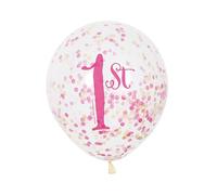 Unique Party 58165 - Globos Confeti - 30 cm - Fiesta de Primer Cumpleaños para niña Rosa y Dorado - Paquete de 6