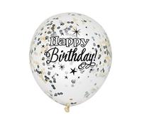Unique- Globos de látex Transparente de 12 Pulgadas | Cumpleaños Brillantes con Confeti | 6 Unidades PARTYKIT Paquete Confetti, Color plata, oro y negro, 30 cm (58285)