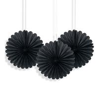Unique Party 63260 - Decoraciones de Abanicos Pequeños de Papel de Seda - 15 cm - Negro - Paquete de 3