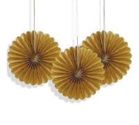 Unique Party 63263 - Decoraciones de Abanicos Pequeños de Papel de Seda - 15 cm - Oro - Paquete de 3