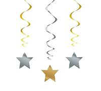 Unique Party 91186 - Decoraciones Colgantes de Estrellas de Plástico - 66 cm - Plata y Oro - Paquete de 3