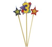 Unique Party- Conjunto de 3 velas de cumpleaños con forma de estrella, número 3, Multicolor, 18 centimeters (34043)