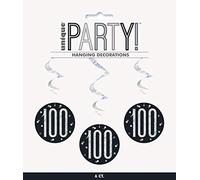 Unique Party - Decoraciones Colgantes en Espiral de 100 Cumpleaños - Diseño de Negro y Plateado Glitz - Paquete de 6 (83792)