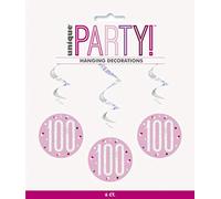 Unique Party - Decoraciones Colgantes en Espiral de 100 Cumpleaños - Diseño de Rosa y Plateado Glitz - Paquete de 6 (83818)