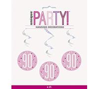 Unique Party - Decoraciones Colgantes en Espiral de 90 Cumpleaños - Diseño de Rosa y Plateado Glitz - Paquete de 6 (83817)