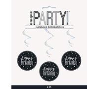 Unique Party - Decoraciones Colgantes en Espiral de Cumpleaños - Diseño de Negro y Plateado Glitz - Paquete de 6 (83780)