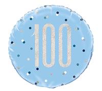 Unique Party - Globo de Cumpleaños 100-45 cm - Diseño de Azul y Plateado Glitz (83365)