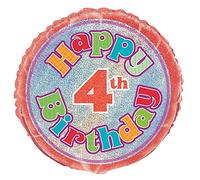 Unique Party-Globo foil cumpleaños Happy 4th Birthday, 45 cm (55491) , color/modelo surtido