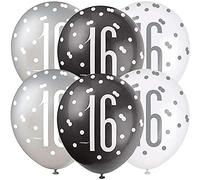 Unique Party - Globos de Cumpleaños 16 de Látex - 30 cm - Diseño de Negro y Plateado Glitz - Paquete de 6 (83382)