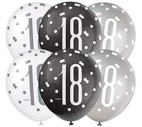 Unique Party - Globos de Cumpleaños 18 de Látex - 30 cm - Diseño de Negro y Plateado Glitz - Paquete de 6 (83383)