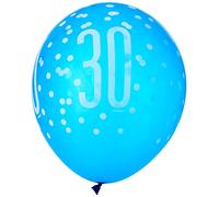 Unique Party - Globos de Cumpleaños 30 de Látex - 30 cm - Diseño de Azul y Plateado Glitz - Paquete de 6 (83398)