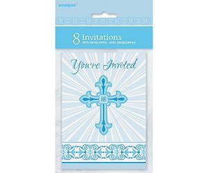Unique Party - Invitaciones de la Fiesta - Diseño Religioso Cruzado Radiante - Color Azul - Paquete de 8 (43834)
