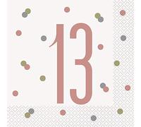 Unique Party - Servilletas de Papel de 13 Cumpleaños - Diseño de Oro Rosa Glitz - Paquete de 16 (84878)