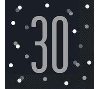 Unique Party - Servilletas de Papel de 30 Cumpleaños - Diseño de Negro y Plateado Glitz - Paquete de 16 (83545)