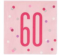 Unique Party - Servilletas de Papel de 60 Cumpleaños - Diseño de Rosa y Plateado Glitz - Paquete de 16 (83572)