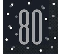Unique Party - Servilletas de Papel de 80 Cumpleaños - Diseño de Negro y Plateado Glitz - Paquete de 16 (83550)