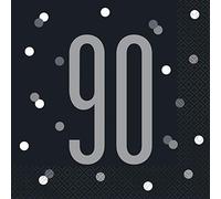 Unique Party - Servilletas de Papel de 90 Cumpleaños - Diseño de Negro y Plateado Glitz - Paquete de 16 (83551)