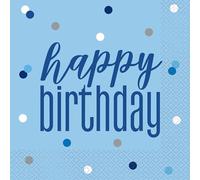 Unique Party - Servilletas de Papel de Cumpleaños - Diseño de Azul y Plateado Glitz - Paquete de 16 (83592)