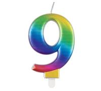 Unique Party- Vela de cumpleaños número 9 con arcoíris metálico, Color (19639)