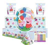 Unique Peppa Pig - Paquete de suministros para fiesta de cumpleaños para 16 unidades, platos de Peppa Pig, servilletas de almuerzo, vasos y mantel con velas de cumpleaños (Paquete de cumpleaños de