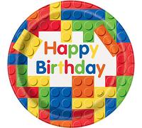 Unique- Platos de Papel Ecológicos-23 cm-Fiesta de Cumpleaños de Bloques de Construcción-Paquete de 8, Multicolor, 23 centimeters (58235EU)