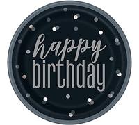 Unique- Platos de Papel Ecológicos-23 cm-Fiesta de cumpleaños en Negro y Plateado Glitz-Paquete de 8, lunares, Multicolor, happy birthday (83587EU)