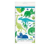 Unique-Prehistoric Dinosaur Rectangular Table Cover | 1 Pc. Mantel de Plástico-2,13 1,37 m-Fiesta de Dinosaurios Azul y Verde, con bordes, multicolor, 2.13 m x 1.37 m (78313)