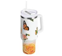 Unique Rose White Vacuum - Vaso de 40 onzas con tapa y pajilla, botella de agua de metal, reutilizable, taza de viaje para café con asa, regalos para mujeres y hombres